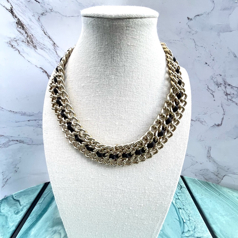 Chunky 90s Gold Tone Black Faux Leather Chain Statement Collar Necklace